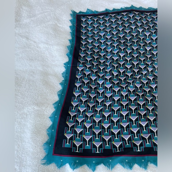 Tory Burch Martini Glass Art Deco Silk Neckerchief Square Scarf - 18” X 18” 💙🩵 - Picture 5 of 16